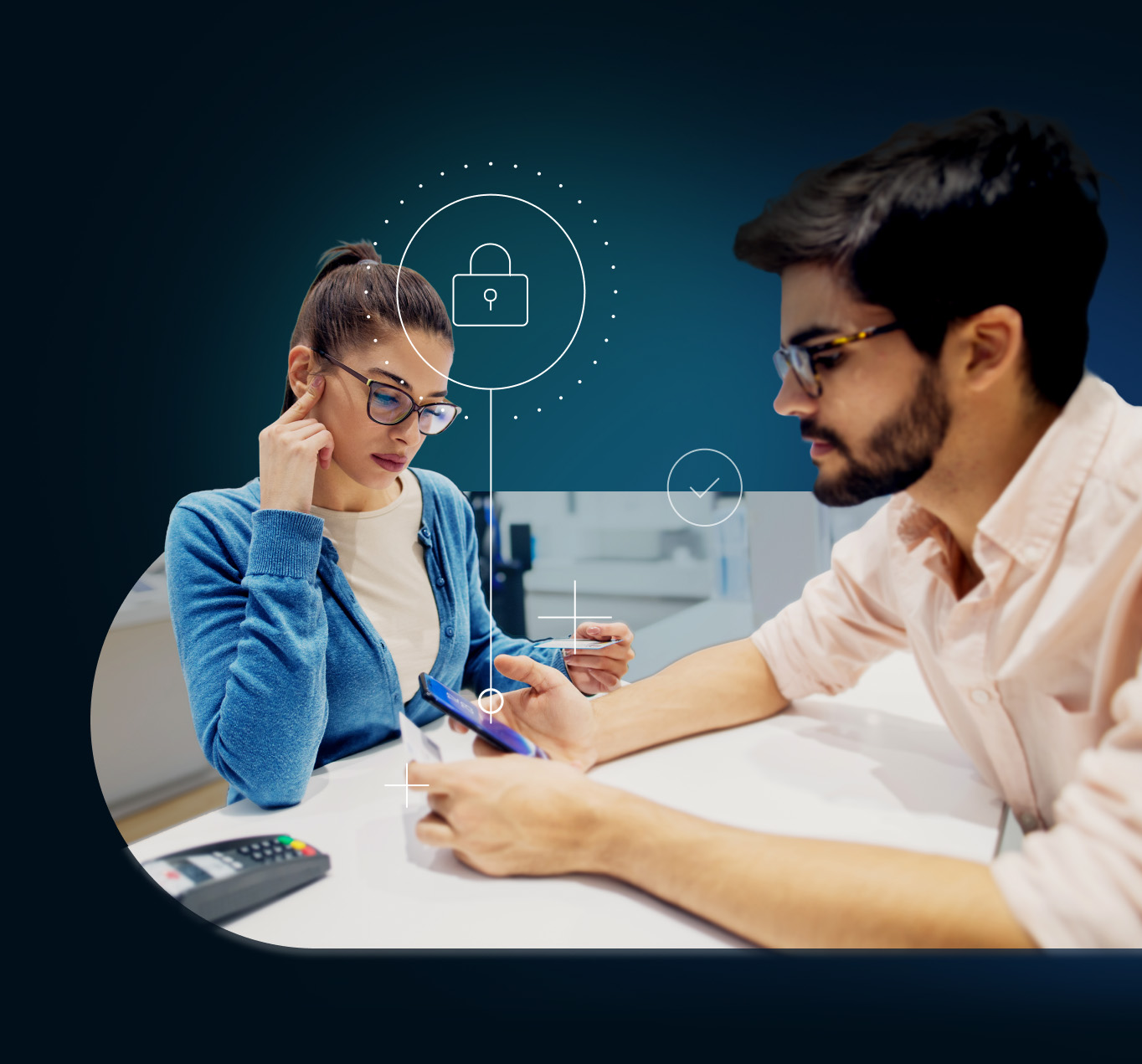 Bearded man in foreground with smartphone and identification card with woman across from him at counter with another form of ID