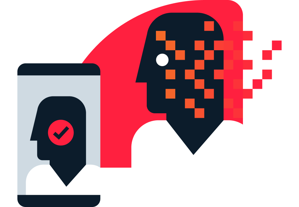 Illustration showing a mobile phone scanning a face with AI deepfake detection flagging a pixelated synthetic identity
