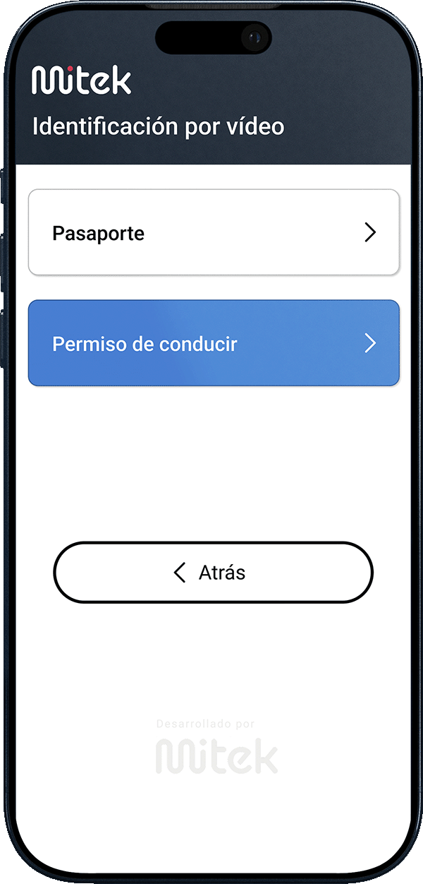 Pantalla de selección de documento con las opciones "Pasaporte" y "Permiso de conducir", esta última resaltada en azul.